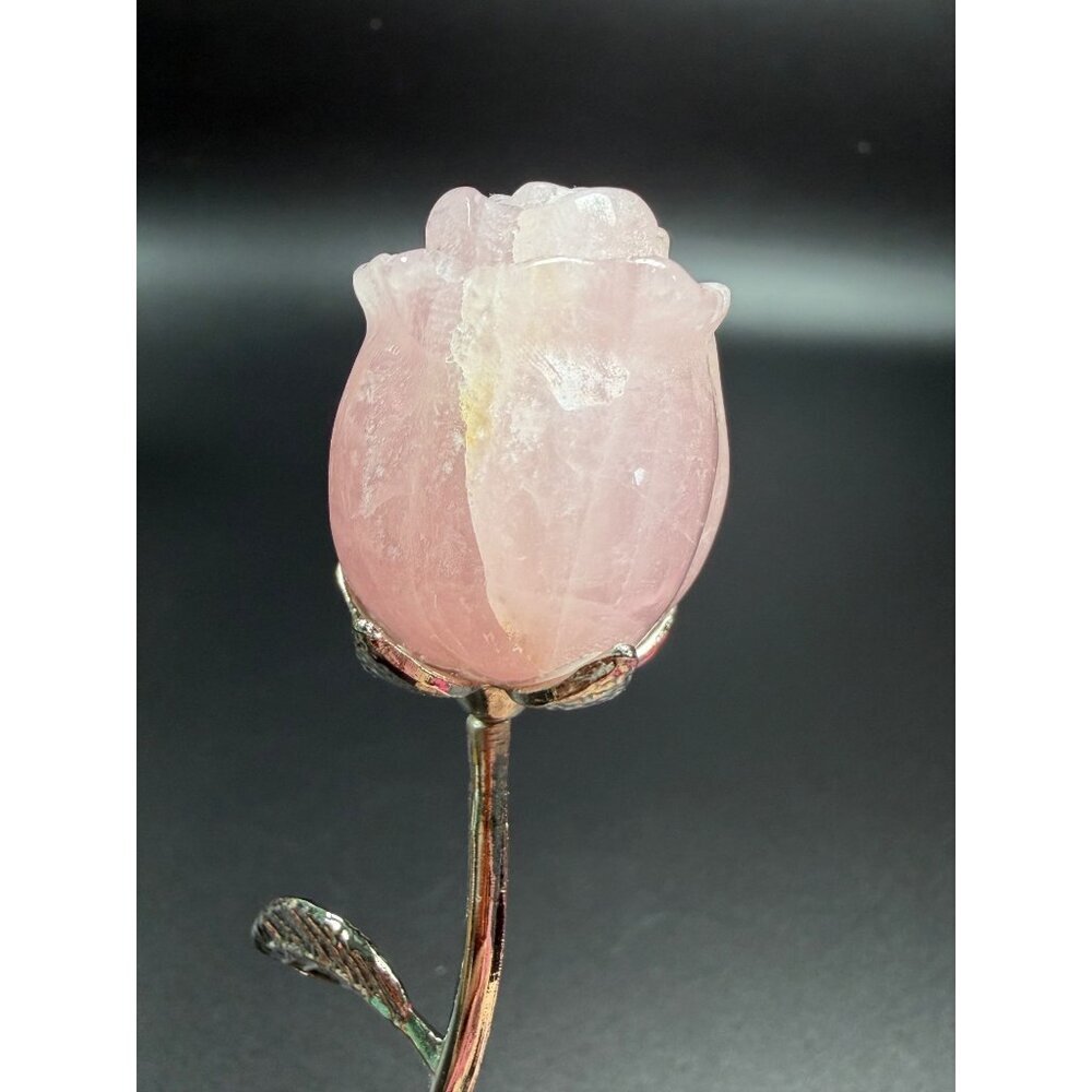 Hand Carved Rose Quartz Flower Pink Stone Healing Crystal Silver Tone Stem 6" - Picture 6 of 9